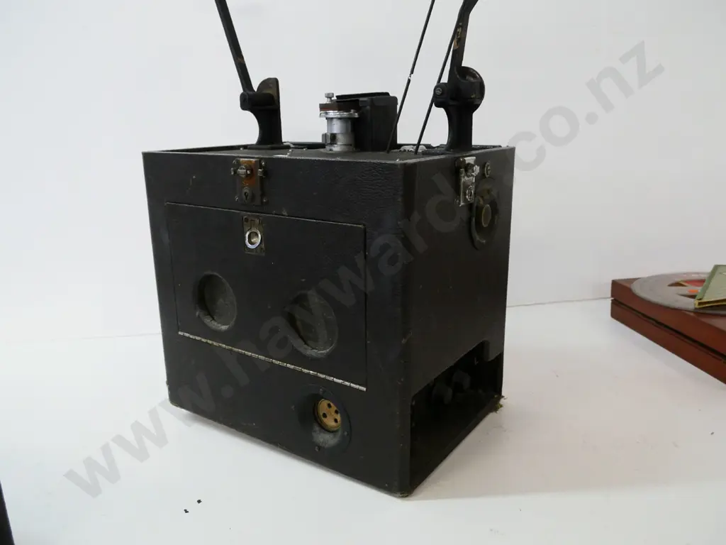 vintage GB Equipments portable 16mm cine projector, spare bulb, no cord (untested) plus 2 reels of film and empty reel Image 1++