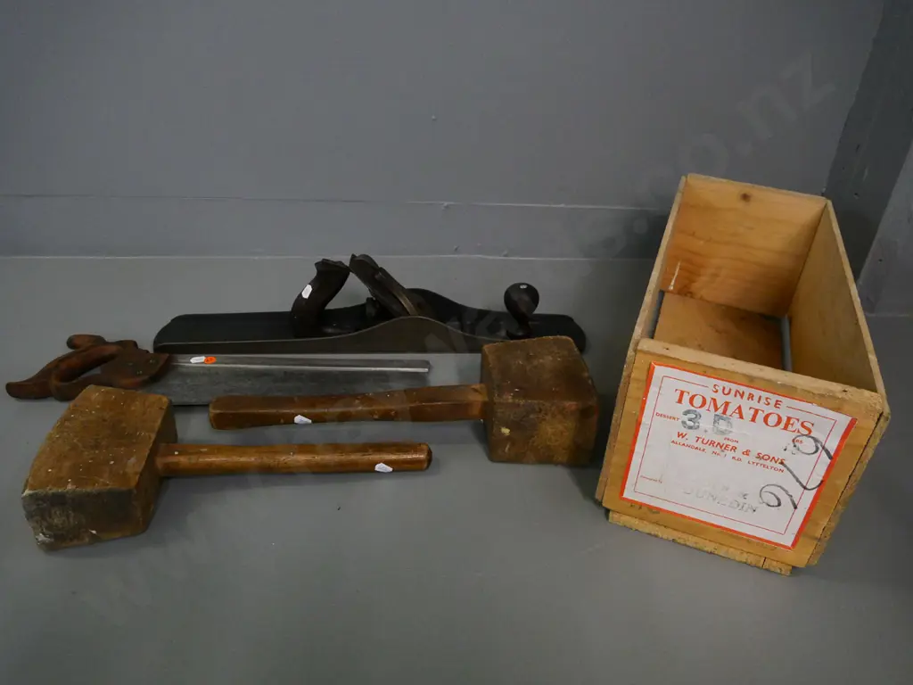 4 vintage tools - Disston hand saw, 2 wooden mallets and Stanley No. 7 metal hand plane Image 1++