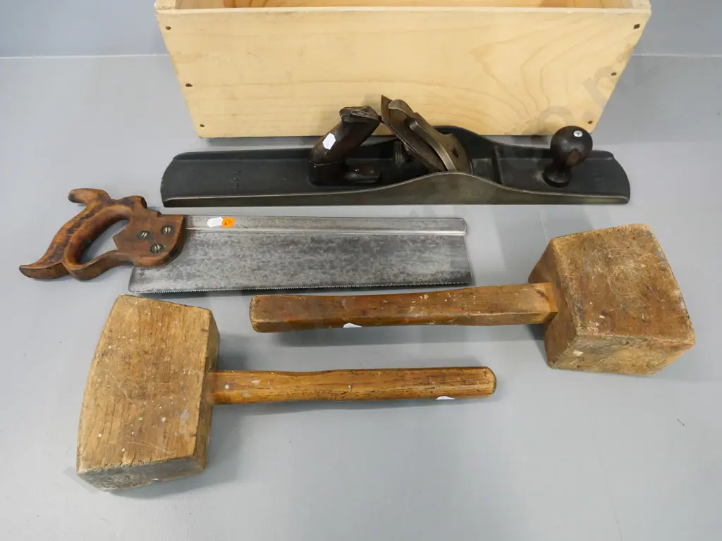 4 vintage tools - Disston hand saw, 2 wooden mallets and Stanley No. 7 metal hand plane Image 1++