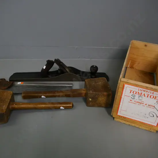 4 vintage tools - Disston hand saw, 2 wooden mallets and Stanley No. 7 metal hand plane