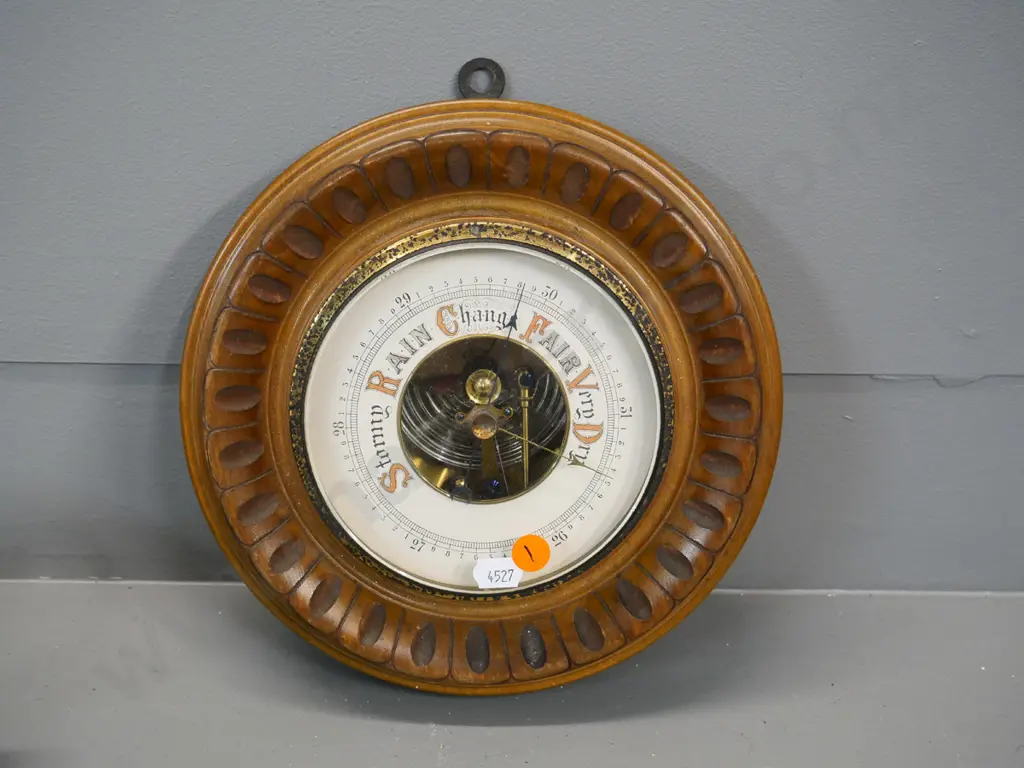 vintage wood-cased wall barometer - some tarnishing to brass surround - diameter 230 Image 1++