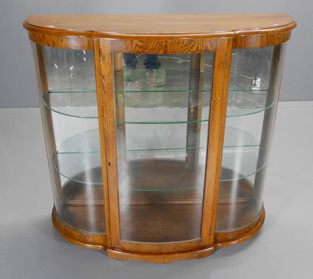 deco oak bow-front china cabinet with mirrored back, 2 glass shelves, no key H960 W1000 D380 Image 1++