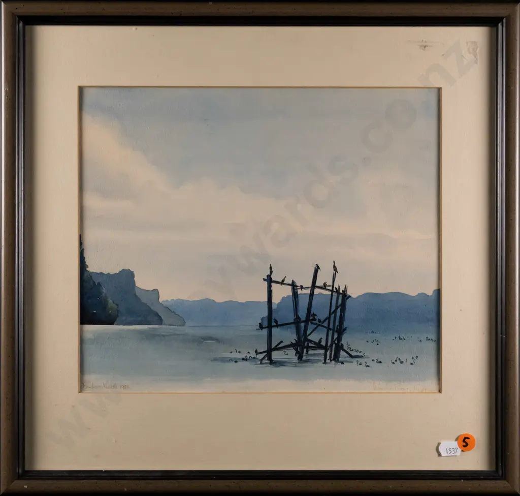 framed Barbara Wardel 1983 watercolour - seabirds on piles H-235 W-280 Image 1++