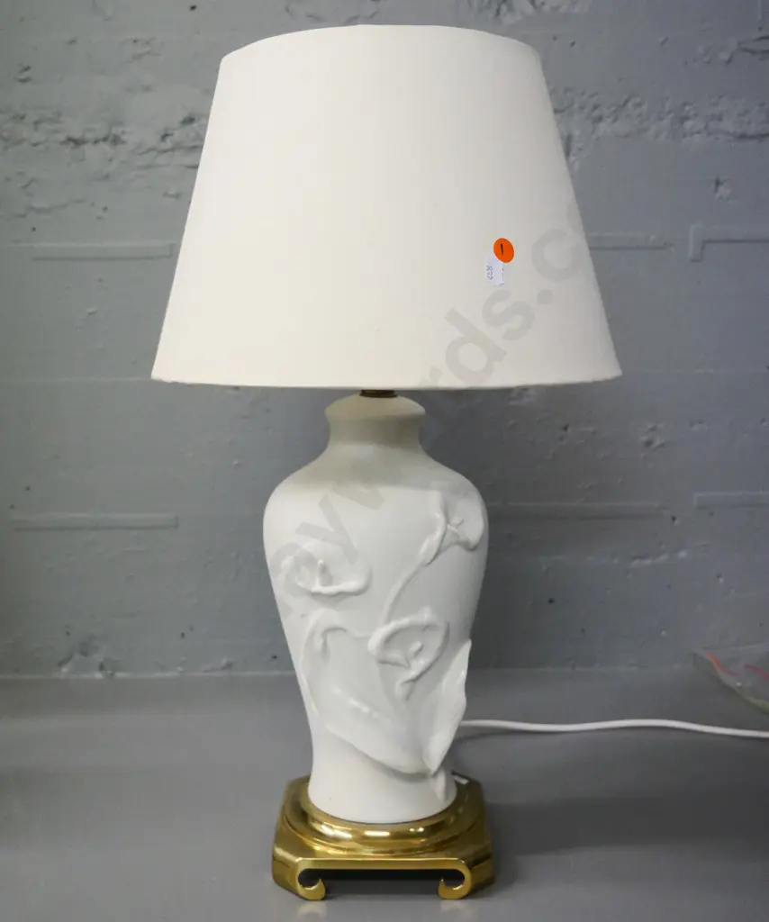 white matte finish ceramic lily and brass table lamp with shade H-540 Image 1++