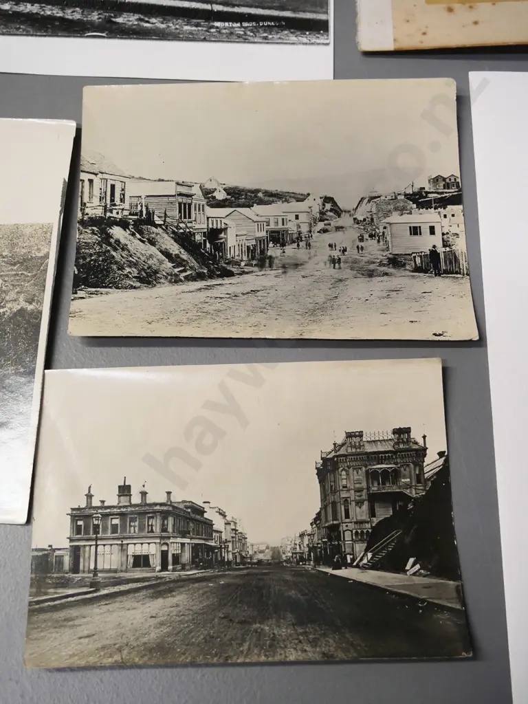 assorted vintage photographs of Dunedin, earliest is 1850 copy photo of waterfront, others later, and one Kawerau Falls Image 1++