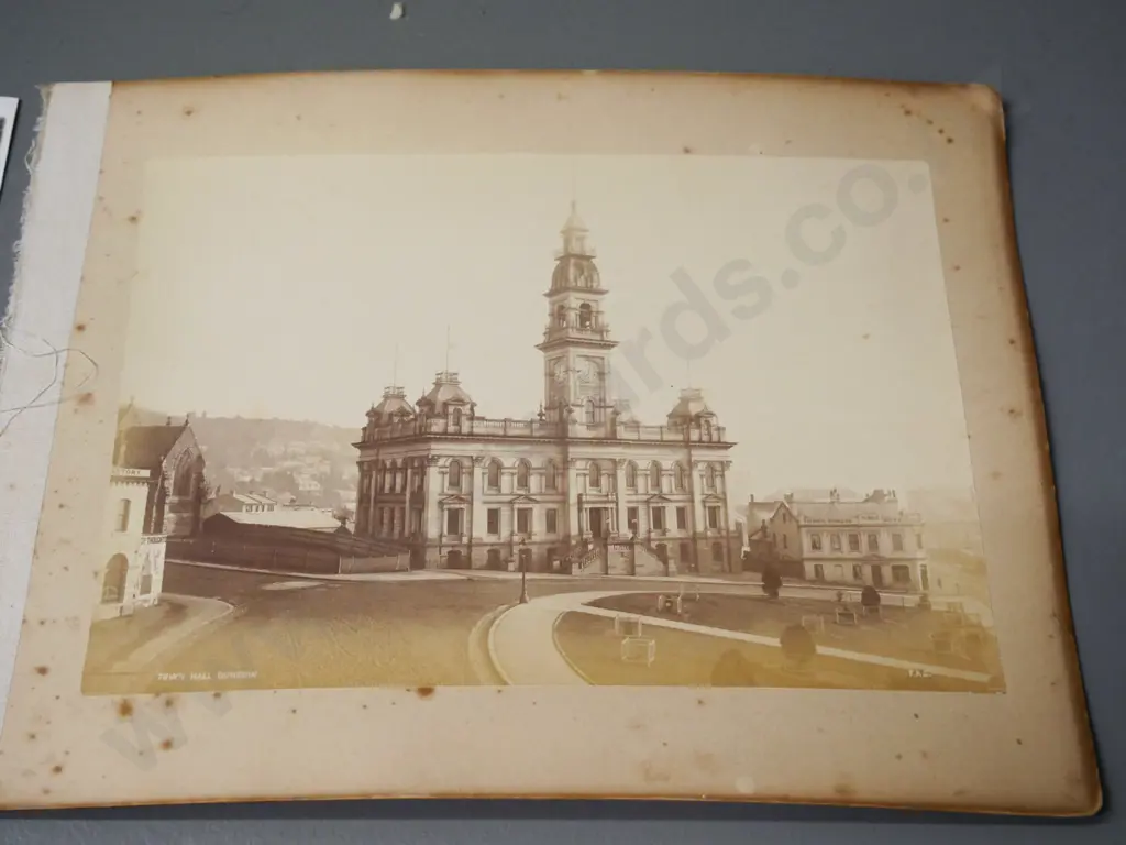 assorted vintage photographs of Dunedin, earliest is 1850 copy photo of waterfront, others later, and one Kawerau Falls Image 1++