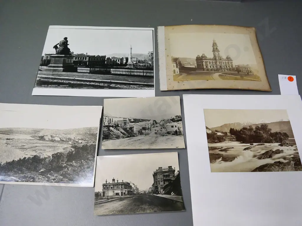assorted vintage photographs of Dunedin, earliest is 1850 copy photo of waterfront, others later, and one Kawerau Falls Image 1++