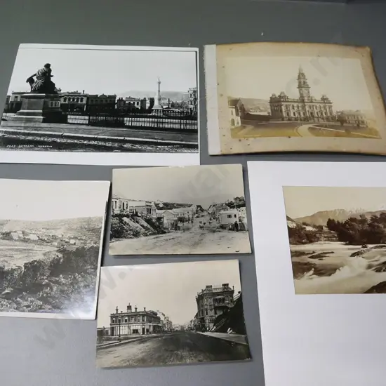 assorted vintage photographs of Dunedin, earliest is 1850 copy photo of waterfront, others later, and one Kawerau Falls