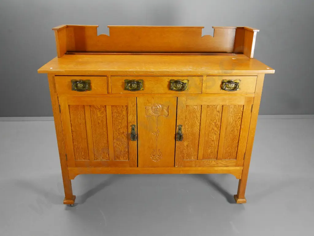 deco oak sideboard with upstand back carved front panel, ornate brass finish handles, polish needs work H1230 W1370 D550 Image 1++
