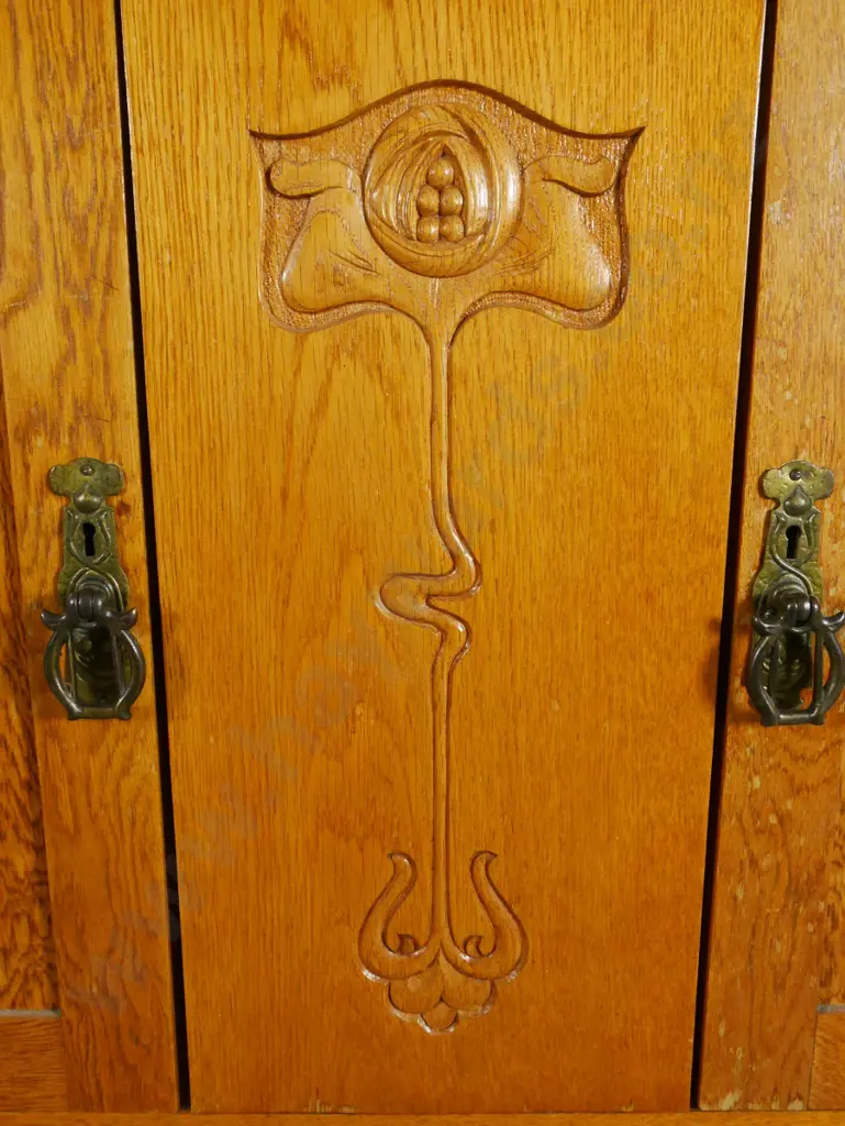 deco oak sideboard with upstand back carved front panel, ornate brass finish handles, polish needs work H1230 W1370 D550 Image 1++