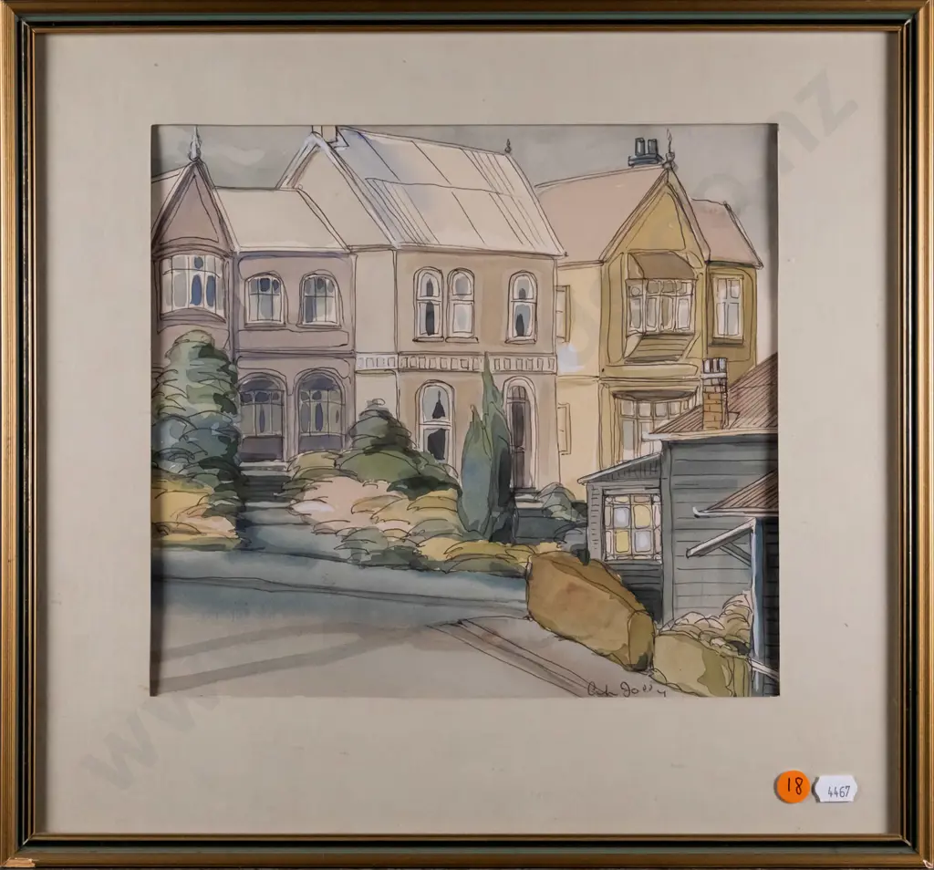 Colin Jolly? - framed ink and watercolour - houses H-240 W-270 Image 1++