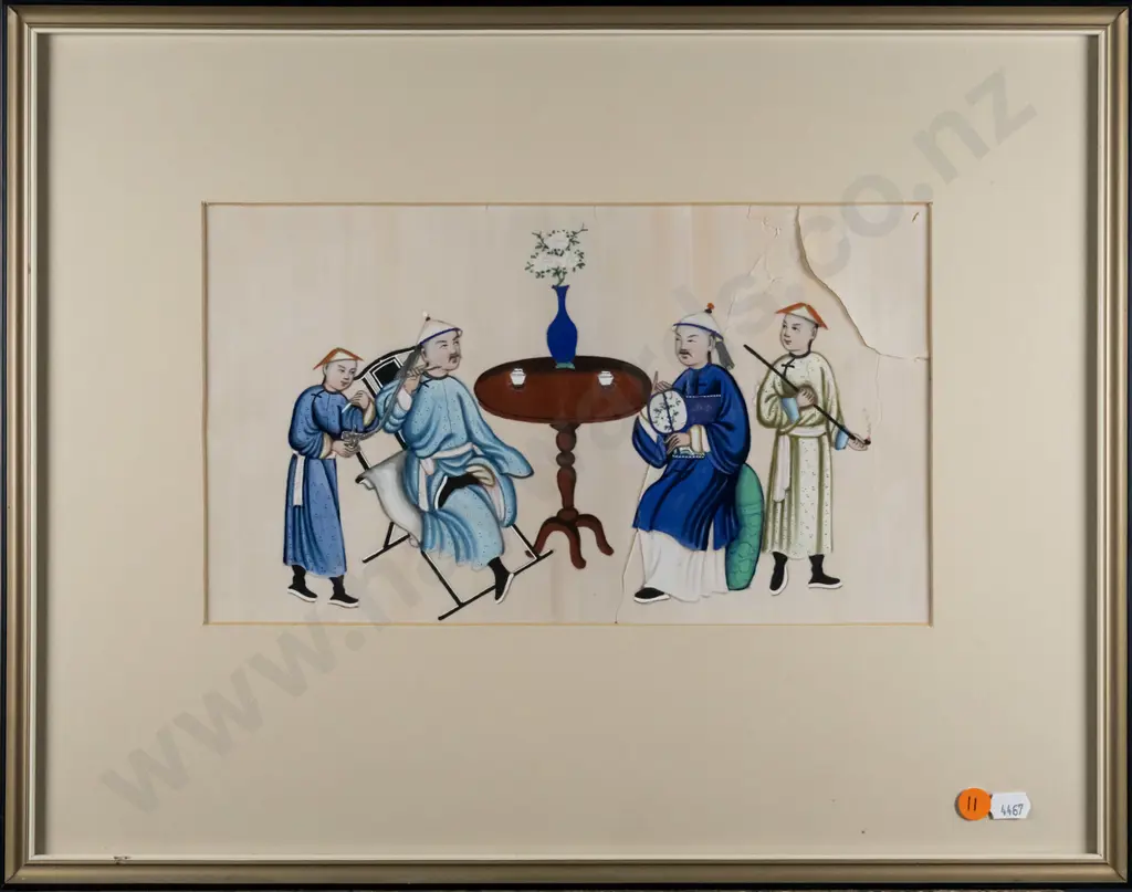 framed oriental watercolour - men around table (rips to paper) H-180 W-310 Image 1++