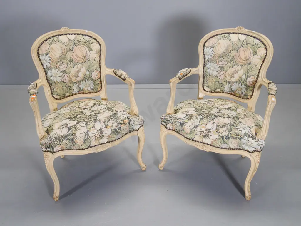 pair of French style occasional chairs with washed finish, studded floral tapestry upholstery (some wear) H860 W590 D500 Image 1++