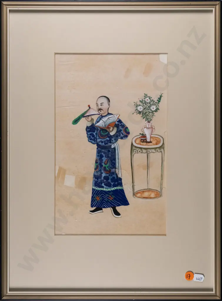 framed oriental watercolour - man holding hat and fan (some damage) H-280 W-170 Image 1++