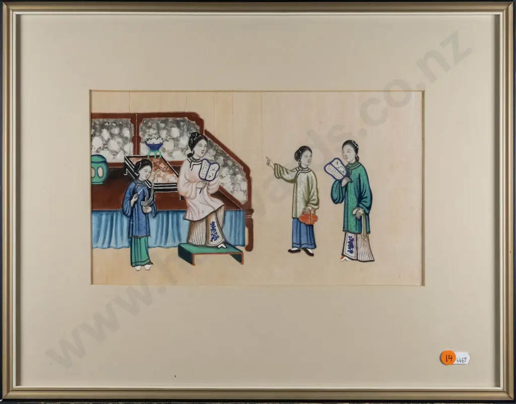 framed oriental watercolour - ladies (very slight ripping to paper) H-180 W-320 Image 1++