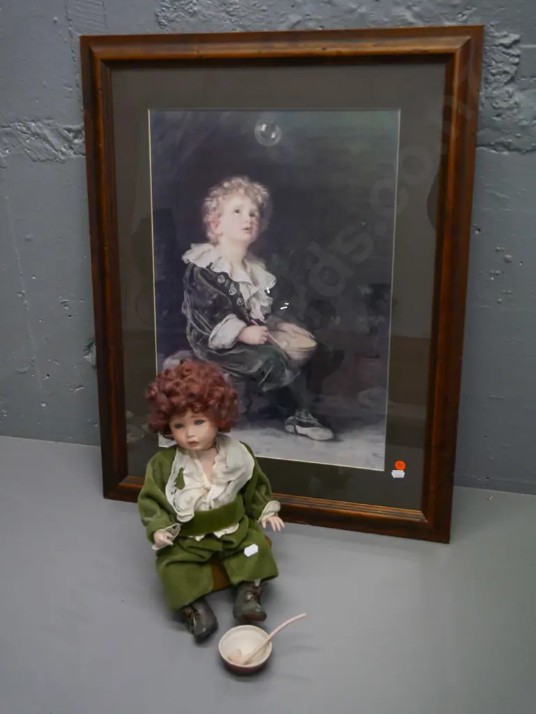 framed Millais "Bubbles" print with a doll in matching outfit H-320 with clay bowl and pipe - wear to doll's clothes Image 1++