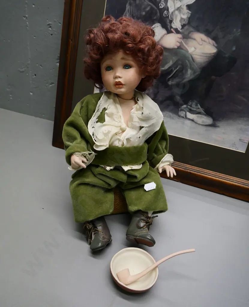 framed Millais "Bubbles" print with a doll in matching outfit H-320 with clay bowl and pipe - wear to doll's clothes Image 1++