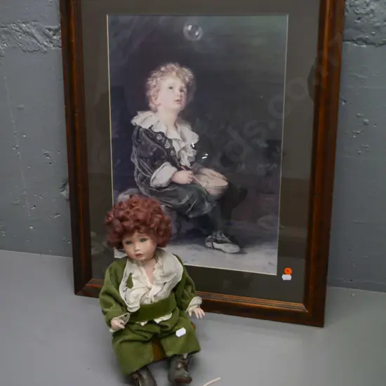 framed Millais "Bubbles" print with a doll in matching outfit H-320 with clay bowl and pipe - wear to doll's clothes