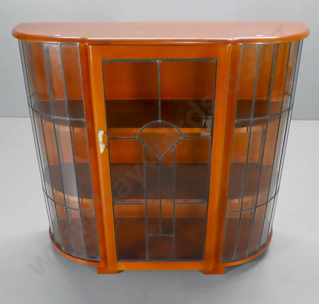deco mahogany bow-front china cabinet - single leadlight door w/original bakelite handle H-980 W-1080 D-360 Image 1++