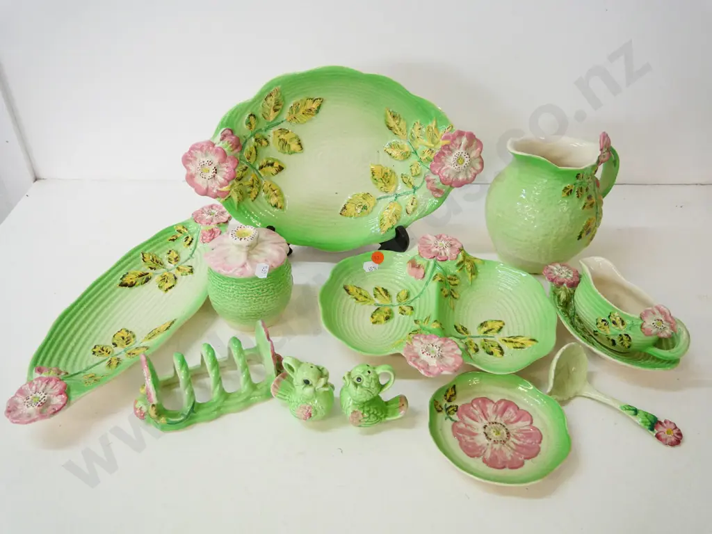 various Shorter & Sons green and pink rose tableware items including 4 dishes, jug, toast rack, condiment set, jam pot Image 1++