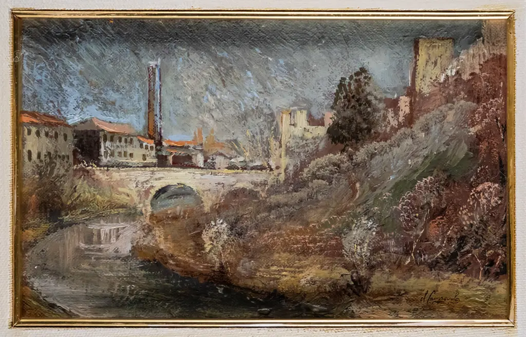 illegible signature - framed oil - river and town scene H-130 W-210 Image 1++