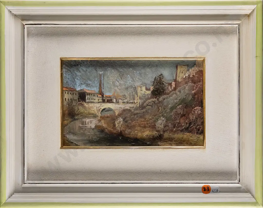 illegible signature - framed oil - river and town scene H-130 W-210 Image 1++