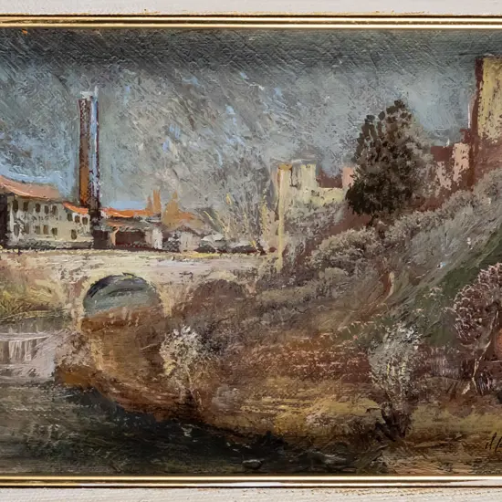 illegible signature - framed oil - river and town scene H-130 W-210
