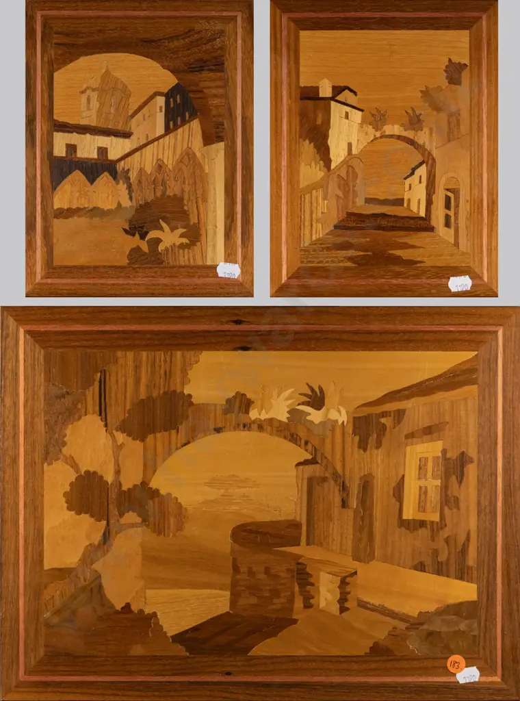 3 mixed timber inlay Italian souvenir wall plaques, largest is H-300 W-400 Image 1++