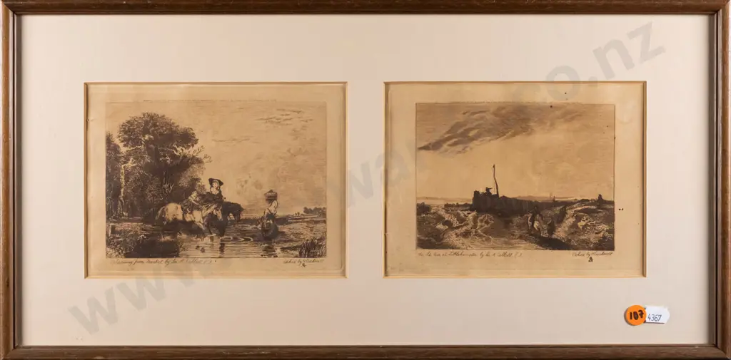 framed vintage etchings - "Returning from Market" "The old pier at Littlehampton' Each H-110 W-150 Image 1++
