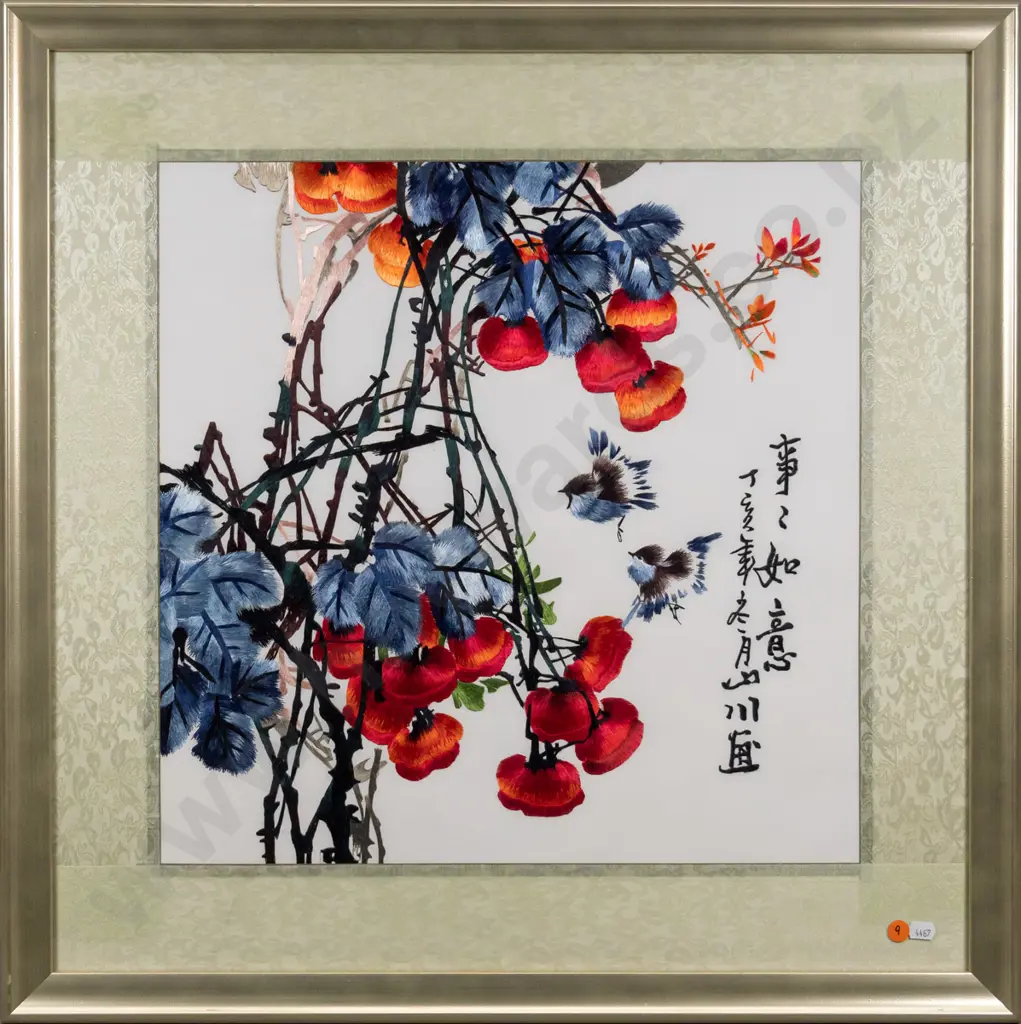 framed oriental needlework - birds and flowers Image 1++