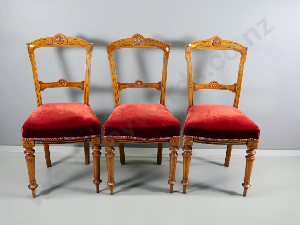 3 vintage walnut carved-back dining chairs w/red velvet upholstered seats, some movement in joints H930 W420 D460 Image 1++