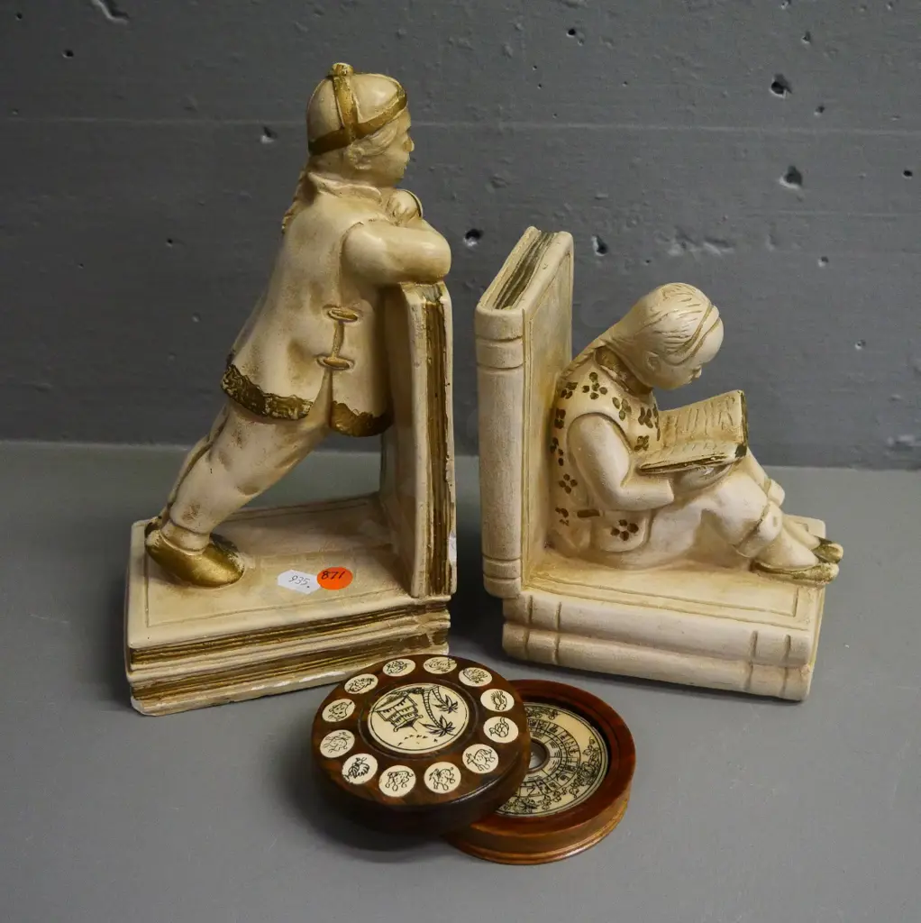 pair of plaster or composite Chinese theme book-ends, minor chips, and reproduction inlaid bone & wood compass in case Image 1++
