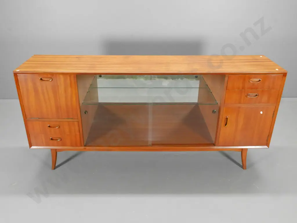 mid-century mahogany display / drinks cabinet w/4 drawers and one cupboard - water stains on top H840 W1800 D400 Image 1++