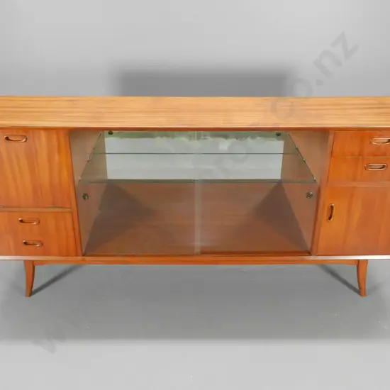 mid-century mahogany display / drinks cabinet w/4 drawers and one cupboard - water stains on top H840 W1800 D400