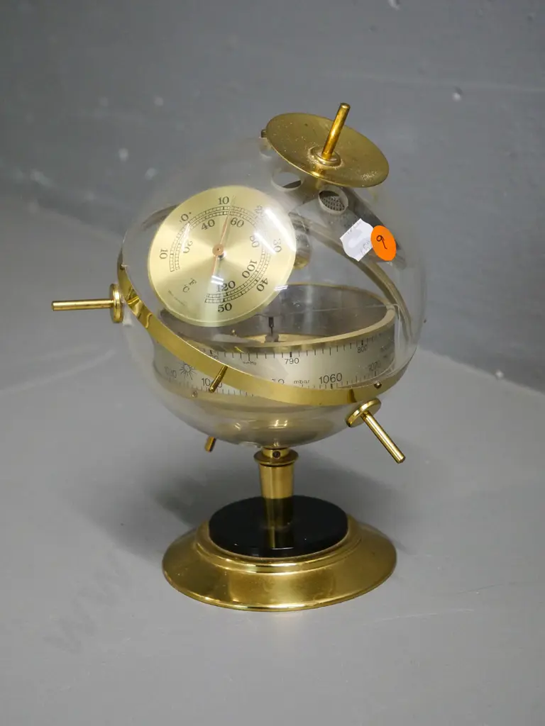 Sputnik shaped brass finish metal and plastic desk thermometer-barometer - made in Germany H-230 Image 1++