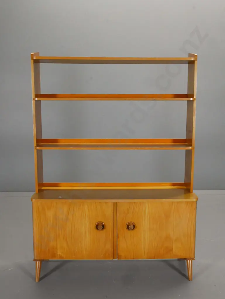 mid-century solid timber display cabinet w/2 cupboard doors, open back shelves H-1200 W-860 D260 Image 1++