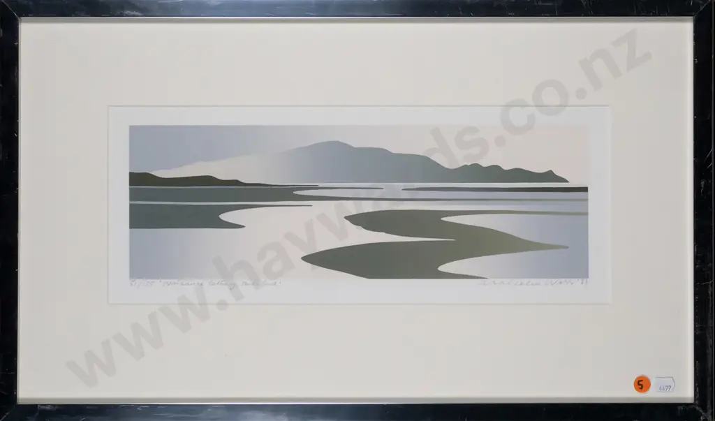 Malcolm Warr '83 - framed ltd edition screenprint 51/155 - "Waikanae Estuary, South End" H-130 W-380 Image 1++