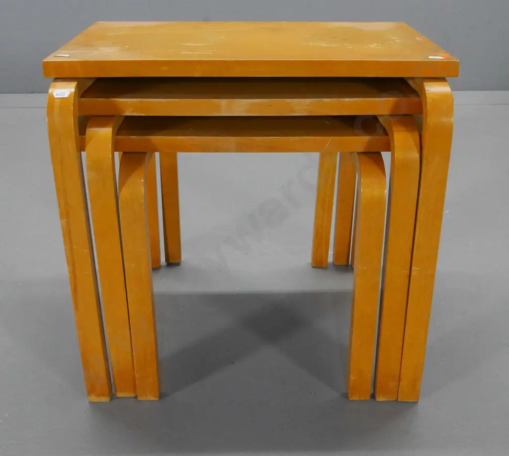 set of 3 mid-century laminated timber and veneer topped nesting tables - a bit wobbly, finish needs work H440 W470 D390 Image 1++
