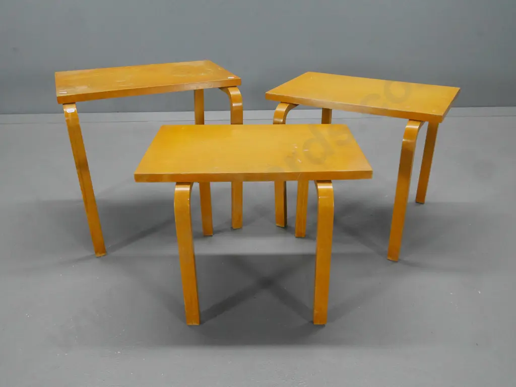 set of 3 mid-century laminated timber and veneer topped nesting tables - a bit wobbly, finish needs work H440 W470 D390 Image 1++