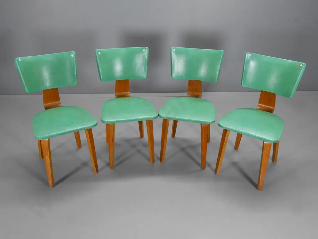 set of 4 mid-century laminated timber vinyl upholstered dining chairs - some marks to polish H860 W430 D500 Image 1++