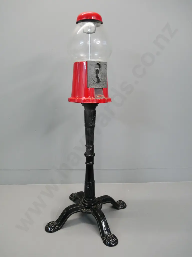 cast metal, glass and plastic gumdrop dispenser - Carousel Industries, Des Moines Illinois label H-960 Image 1++