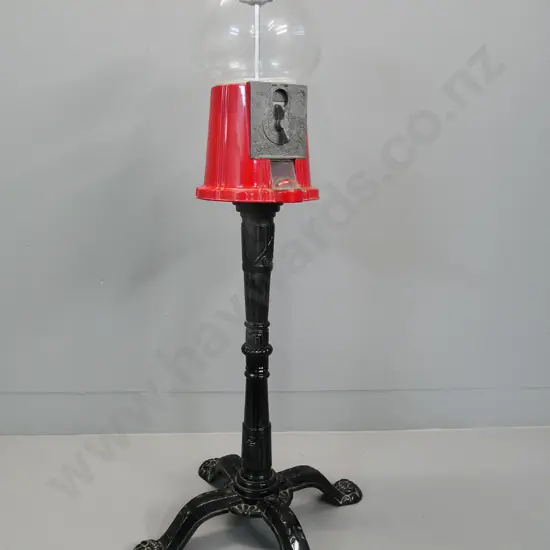 cast metal, glass and plastic gumdrop dispenser - Carousel Industries, Des Moines Illinois label H-960