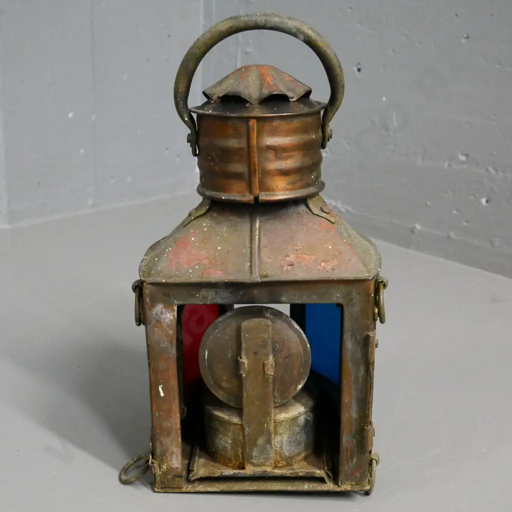 small copper and brass kerosene signal lantern with green, red and clear glass inserts, missing back door? H-300 Image 1++