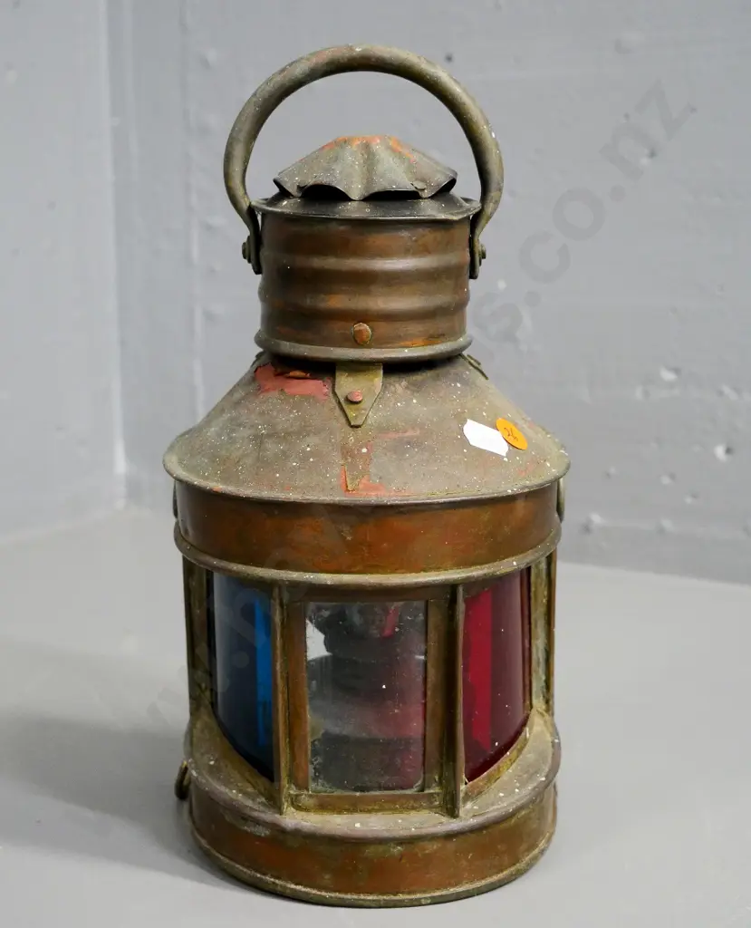 small copper and brass kerosene signal lantern with green, red and clear glass inserts, missing back door? H-300 Image 1++