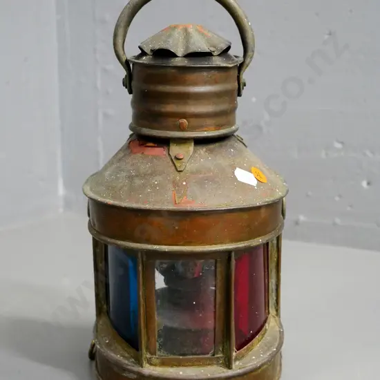 small copper and brass kerosene signal lantern with green, red and clear glass inserts, missing back door? H-300