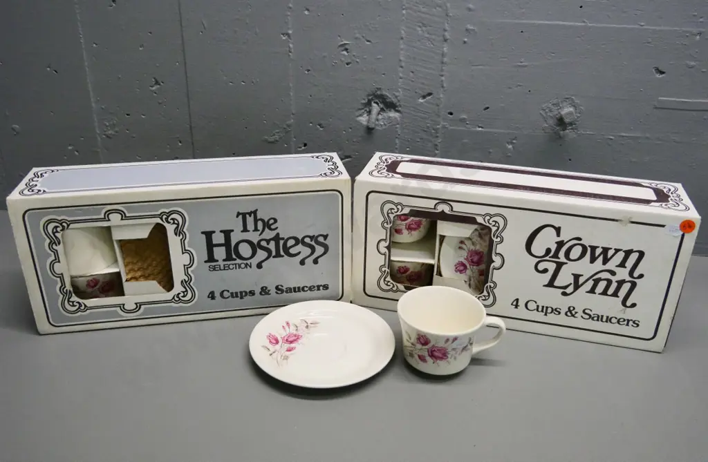2 as-new sets of 4 Crown Lynn rose pattern cups & saucers in original boxes Image 1++