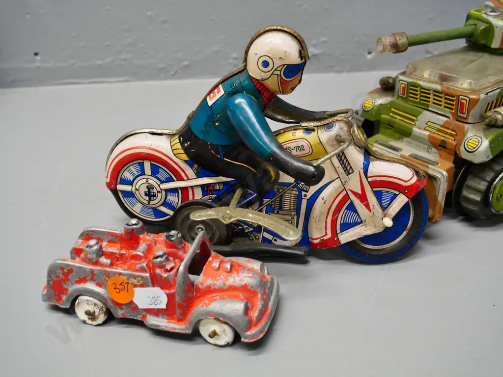 4 toy vehicles - 3 tin plate and a cast metal Fun Ho fire engine - all have wear, motorbike goes Image 1++