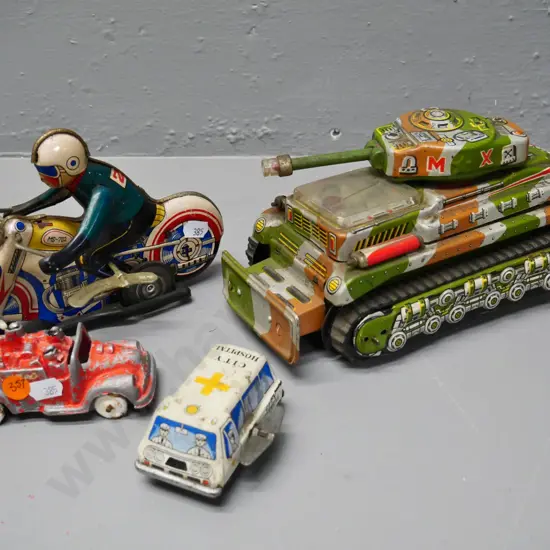 4 toy vehicles - 3 tin plate and a cast metal Fun Ho fire engine - all have wear, motorbike goes
