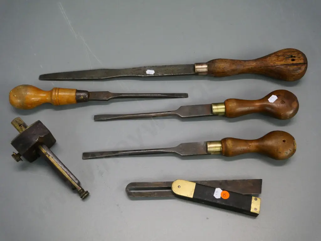 6 vintage wood, brass and metal hand tools, largest is L-550. 2 marked Marples Image 1++