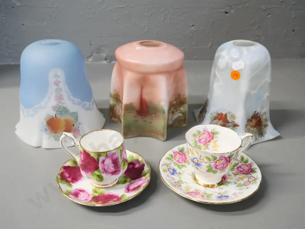 3 vintage glass light shades and 2 coffee cups & saucers - Royal Stafford floral and Royal Albert Old English Rose Image 1++